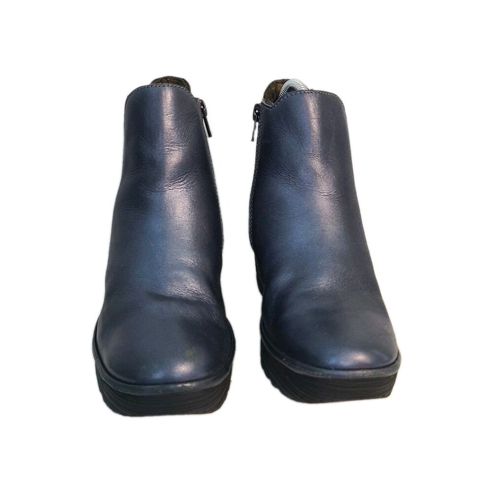 Fly London Yasi Metallic Blue Leather Wedge Ankle Booties EU 37 Whimsigoth Edgy - Picture 5 of 9